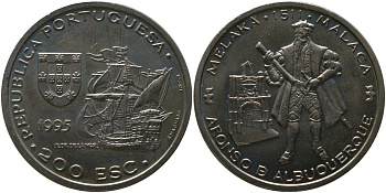 Португалия 200 эскудо 1995 INCM, 480 лет со дня смерти Афонсу де Албукерки KM 681 медно-никель aUNC 00-00