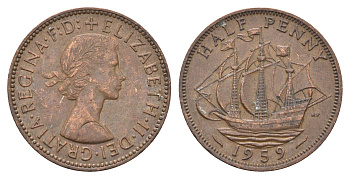 Великобритания 1/2 пенни 1959 Елизавета II (1952-2022) KM 896, Spink 4158 бронза 4662-1155