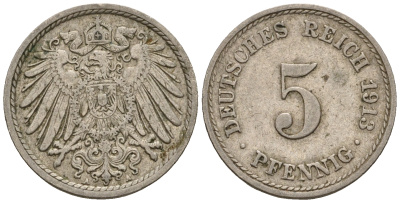 Германия 5 пфеннигов 1913 A, KM 11, J. 12 медно-никель 220-714