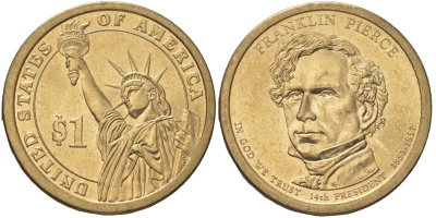 США 1 доллар 2010 P, Президент США - Франклин Пирс (1853-1857) KM 476 медь с марганцево-латунным покрытием UNC 4629-254