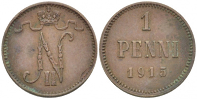 РОССИЯ ДЛЯ ФИНЛЯНДИИ 1 ПЕННИ 1915 НИКОЛАЙ II KM 13, Биткин 475 медь 4396-1449