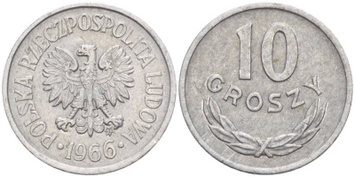 Польша 10 грошей 1966 MW KM AA47, Parchimowicz 206e алюминий 4549-213