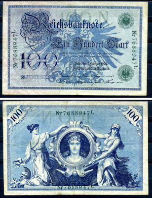 Германия 100 марок 1908 7 февраля 1908, выпуск конец 1916 - ноябрь 1918, зеленая печать Pick 34 бумага 8619-31-2-1