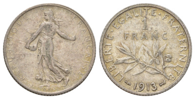 Франция 1 франк 1913 KM 844 серебро 4622-1111