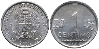 Перу 1 сентимо 2008 LIMA KM 303.4a, Schon 102a алюминий UNC 4532-1124