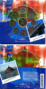 Франция евронабор из 8 монет + жетон мондвора 2003 Эйфелева башня, в оригинальном картонном буклете, сертификат BUNC 5-4-4-21
