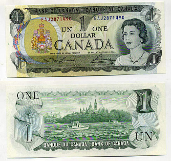 Канада 1 доллар 1973 Елизавета II (1952- ), здание парламента на реке Оттава, Lawson-Bouey, серии 3 буквы, литография Pick 85 b бумага UNC (пресс) 6293-31-2-1