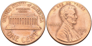 США 1 цент 1989 D, Линкольн KM 201b цинк плакированный медью 188-337