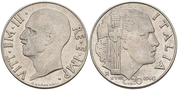 ИТАЛИЯ 20 ЧЕНТЕЗИМО 1940 R, ГОД XVIII, ВИКТОР ЭММАНУИЛ III (1900-1946), немагнитная, ГУРТ РИФЛЁНЫЙ KM 75d, VEM3. 1026a) нержавеющая сталь 3853-542