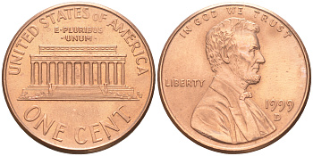 США 1 цент 1999 D, Авраам Линкольн KM 201b цинк плакированный медью 188-344