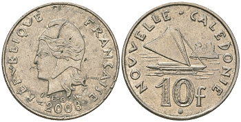 Французская Новая Каледония 10 франков 2008 рыбачья парусная лодка, (IEOM) KM 11a, Schoen 13a, Lec 99k медно-никель 60-225