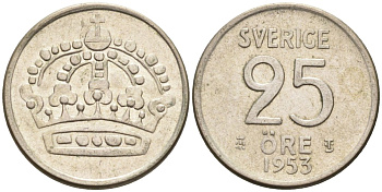 Швеция 25 эре 1953 Густав VI Адольф (1950-1973) KM 824 серебро 4585-447