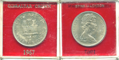 Гибралтар 1 крона 1967 Елизавета II (1952-2022), старый замок, в оригинальной пластиковой коробке, первый год чекана KM 4 медно-никель UNC 6-6-1-19