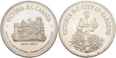 Канада транспортный токен (жетон) 1979 Виктория, Британская Колумбия - ГОРОД САДОВ, СТОИМОСТЬЮ В 1 доллар В Виктория ЭКСПРЕСС 30 сентября 1979 года, диаметр 33 мм. никелированное железо 97-121