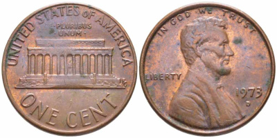 США 1 ЦЕНТ 1973 D, ЛИНКОЛЬН KM 201 медь цинк 112-412
