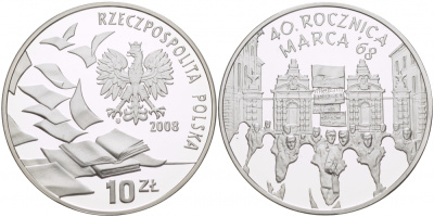 Польша 10 злотых 2008 40 лет студенческого марша 1968 года KM 632 серебро PROOF 1068-6-62