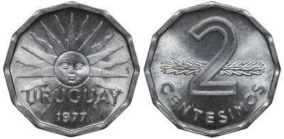Уругвай 2 сентесимо 1977 KM 72 алюминий UNC M53-11