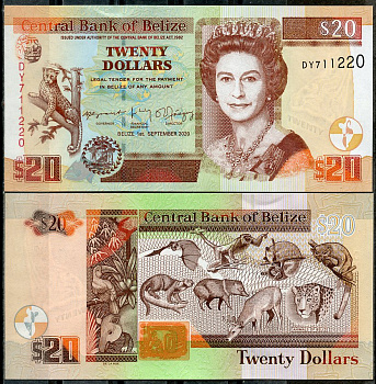 Белиз 20 долларов 2020 Елизавета II (1952-2022), животные Белиза Pick 69 g  бумага  UNC (пресс) 451-1094-1