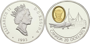 Канада 20 долларов 1993 самолет Локхид 14 Супер Электра и летчик Зебулон Льюис Ли (Льюи), в оригинальной коробке с сертификатом KM 237 серебро, позолота PROOF 5-4-5-19