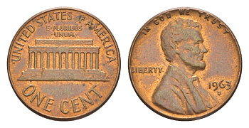 США 1 цент 1963 B, Линкольн KM 201 медь цинк 4618-1011