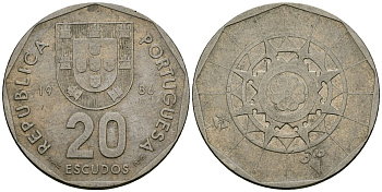 Португалия 20 эскудо 1986 KM 634 медно-никель 4120-1011