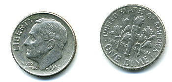 США 10 ЦЕНТОВ = 1 ДАЙМ 1965 РУЗВЕЛЬТ KM 195а медь плакированная медно-никелем 54-311