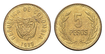 Колумбия 5 песо 1989 KM 280 медь алюминий никель UNC 4664-137