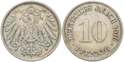Германия 10 пфеннигов 1913 G KM 12, Jager 13, Weege 8 медно-никель 219-236
