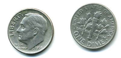 США 10 ЦЕНТОВ = 1 ДАЙМ 1965 РУЗВЕЛЬТ KM 195а медь плакированная медно-никелем 54-311