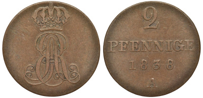Ганновер 2 пфеннига 1838 A, Эрнст Август (1837-1851) KM 174.1, AKS 122, J. 55 медь 75-715