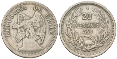 Чили 20 сентаво 1933 KM 167 медно-никель 4513-1113