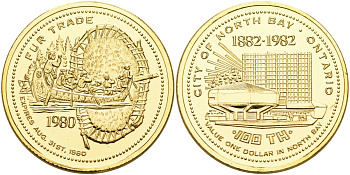 Канада жетон 1980 Souvenir dollar, серия 100 лет Онтарио (1882-1982), торговля пушниной, позолота никель 4590-846