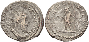 Римская Империя (императоры в Галлии) антониниан 261 Постум. IMP C POSTVMVS P F AVG / P M TR P COS II P P, император в военном доспехе, держит копье и сферу, Августа Треверов, Good Very fine RIC 54 биллон 1073-12-46