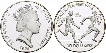 Соломоновы острова 10 долларов 1994 XXVI Олимпийские игры 1996 года в Атланте, бег, эстафета KM 53 серебро PROOF 04-313-21