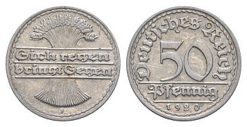 Германия 50 пфеннигов 1920 F KM 27, J. 301 алюминий 4646-1134