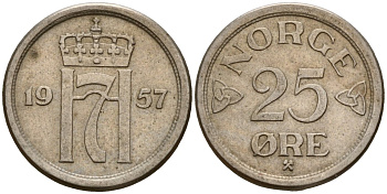 Норвегия 25 эре 1957 Улаф V (1958 - 1991) KM 401 медно-никель 4154-769