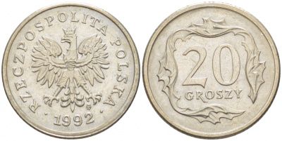 ПОЛЬША 20 ГРОШЕЙ 1992 MW KM 280 медно-никель UNC 112-818