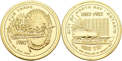 Канада жетон 1980 Souvenir dollar, серия 100 лет Онтарио (1882-1982), торговля пушниной, позолота никель 4590-846