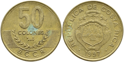 Коста-Рика 50 колонов 1997 B.C.C.R., год тип KM 231 латунь 3459-141