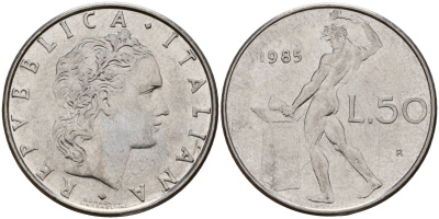 Италия 50 лир 1985 R, бог Вулкан у наковальни KM 95.1 нержавеющая сталь 4156-745