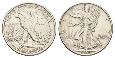 США 1/2 доллара (50 центов) 1945 KM 142 серебро 3711-445