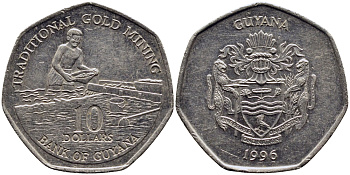 ГАЙАНА 10 ДОЛЛАРОВ 1996 ЗОЛОТОДОБЫТЧИК KM 52 сталь плакированная никелем 62-641