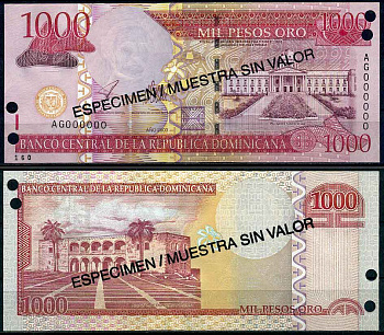 Доминиканская Республика 1000 песо 2003 образец, SPECIMEN Pick 173s бумага UNC (пресс) 451-471-1