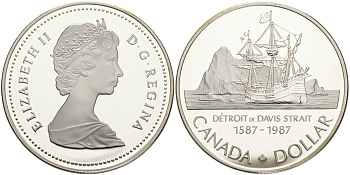 Канада 1 доллар 1987 400 лет открытию пролива Дейвиса KM 154 серебро PROOF 01-172-31