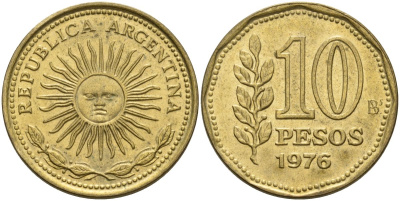 Аргентина 10 песо 1976 Ba, майское солнце KM 72 алюминиевая бронза 4606-255
