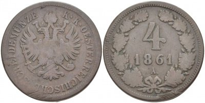 АВСТРИЯ 4 КРЕЙЦЕРА 1861 А, ФРАНЦ ИОСИФ (1848-1916) KM 2194 медь 3457-433