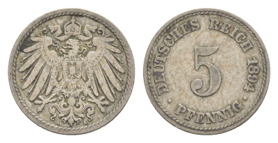 Германия 5 пфеннигов 1894 A, Вильгельм II (1888-1918) KM 11, J. 12 медно-никель 4639-1261