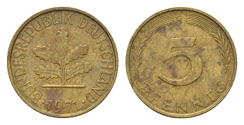 ФРГ 5 пфеннигов 1971 G KM 107, J. 382 сталь плакированная латунью 4618-1064