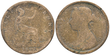 Великобритания 1/2 пенни 1887 Виктория (1837-1901) KM 754, Spink 3956 бронза 34-142