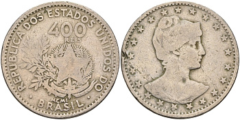 Бразилия 400 рейс 1901 голова свободы вправо KM 505 медно-никель 4367-233